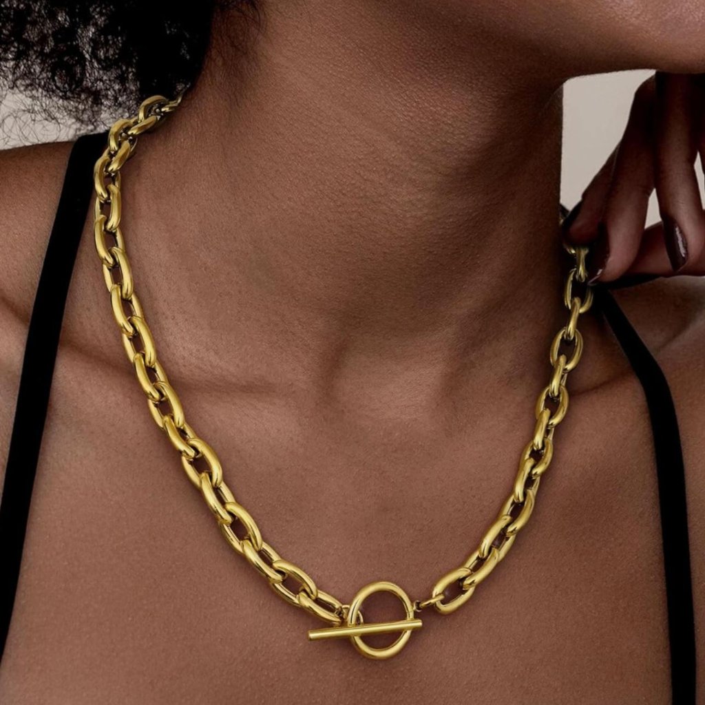 18k Gold Plated Stainless Steel Chic Chain Necklace With Toggle Clasp 011626 45$